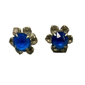 Vintage Blue Crystal Flower  Rhinestone Screw Back Earrings